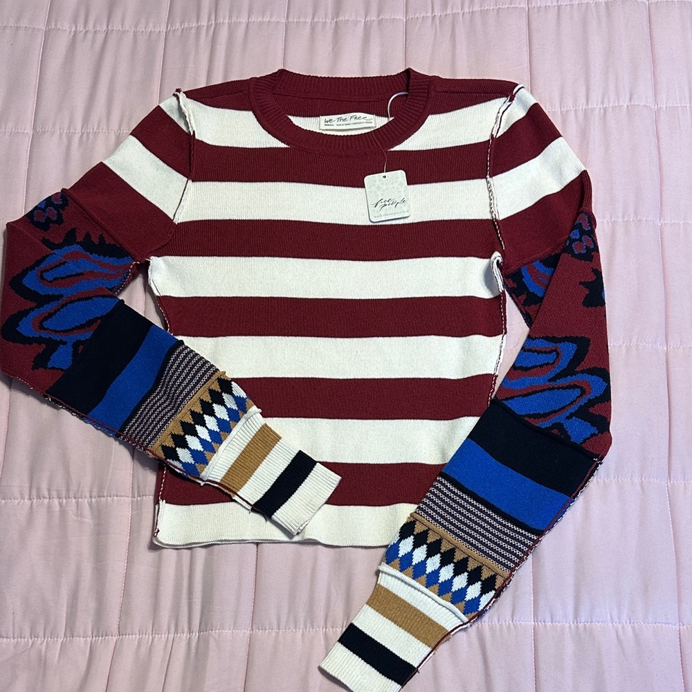 Free People Red and Cream Striped Sweater with Blue Patterned Sleeves